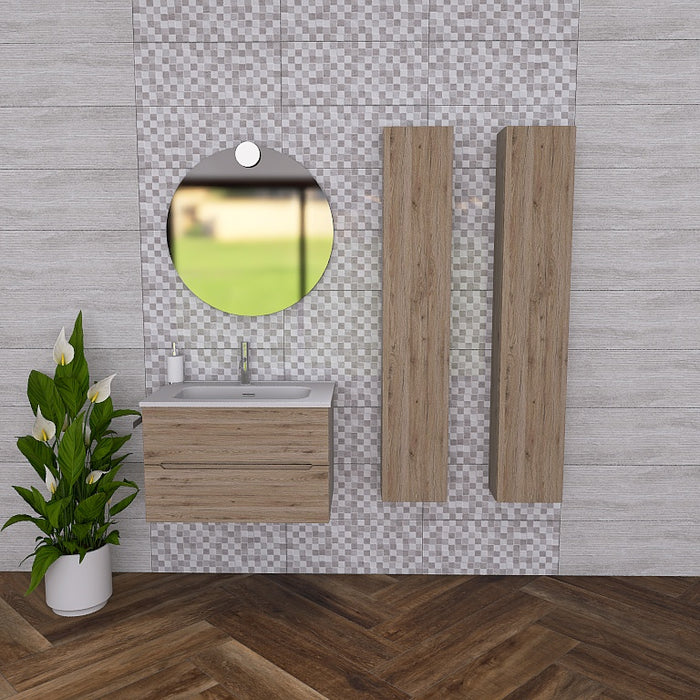 Pandora 03 è composta da mobile sospeso della lunghezza di 70cm con top con lavabo integrato in ceramica lucida. Completano la composizione uno specchio tondo a filo lucido con lampada superiore e 2 colonne sospese dell' altezza di 150cm. Disponibile nelle finiture: Tortora Opaco, Bianco Opaco, Noce, Rovere, Rovere Rustico e Larice Bianco.