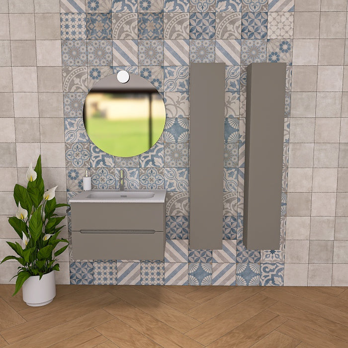 Pandora 03 è composta da mobile sospeso della lunghezza di 70cm con top con lavabo integrato in ceramica lucida. Completano la composizione uno specchio tondo a filo lucido con lampada superiore e 2 colonne sospese dell' altezza di 150cm. Disponibile nelle finiture: Tortora Opaco, Bianco Opaco, Noce, Rovere, Rovere Rustico e Larice Bianco.