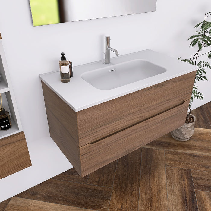 La composizione bagno Pandora 04 è composta da un mobile sospeso della lunghezza di 90cm, un top con lavabo integrato in ceramica lucida, uno specchio rettangolare a filo lucido lungo 90 cm con lampada superiore e 2 capienti pensili a vista sospesi, dell' altezza complessiva di 150cm, ideali per organizzare accessori e prodotti da bagno.