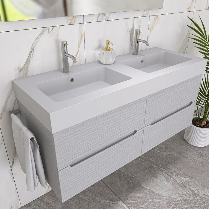 La composizione bagno Pandora 05 è composta da un mobile sospeso della lunghezza di 120cm, un top con due lavabi integrati in ceramica lucida, uno specchio rettangolare a filo lucido lungo 120 cm con lampada superiore. 