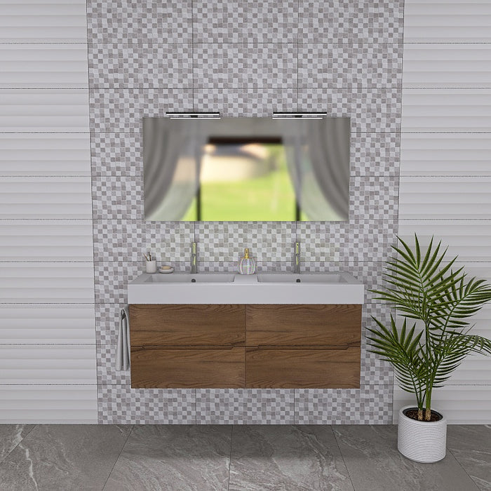 La composizione bagno Pandora 05 è composta da un mobile sospeso della lunghezza di 120cm, un top con due lavabi integrati in ceramica lucida, uno specchio rettangolare a filo lucido lungo 120 cm con lampada superiore. 