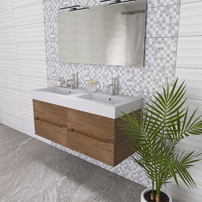 La composizione bagno Pandora 05 è composta da un mobile sospeso della lunghezza di 120cm, un top con due lavabi integrati in ceramica lucida, uno specchio rettangolare a filo lucido lungo 120 cm con lampada superiore. 