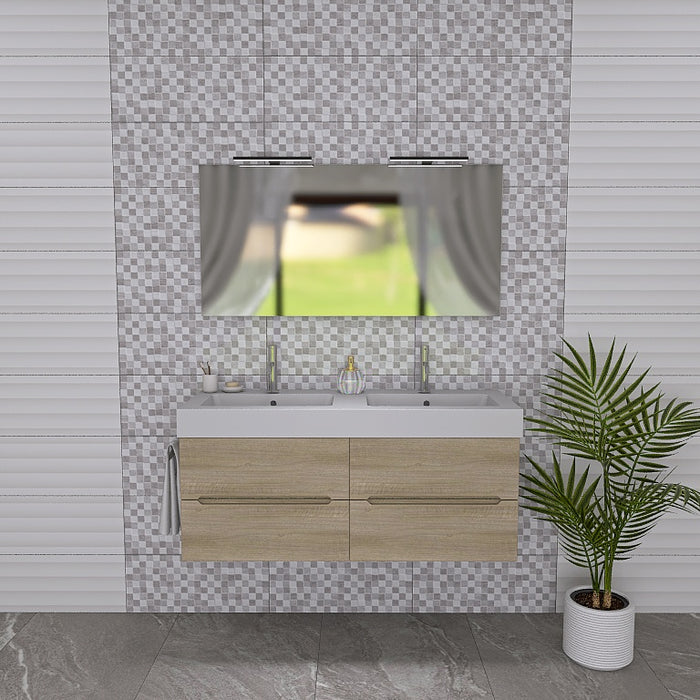 La composizione bagno Pandora 05 è composta da un mobile sospeso della lunghezza di 120cm, un top con due lavabi integrati in ceramica lucida, uno specchio rettangolare a filo lucido lungo 120 cm con lampada superiore. 