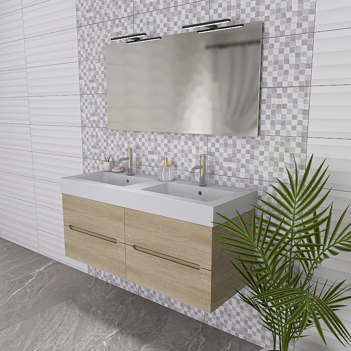 La composizione bagno Pandora 05 è composta da un mobile sospeso della lunghezza di 120cm, un top con due lavabi integrati in ceramica lucida, uno specchio rettangolare a filo lucido lungo 120 cm con lampada superiore. 