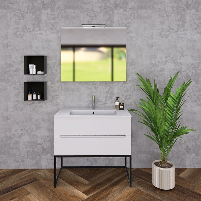 La composizione bagno Pandora 06 è composta da un mobile sospeso della lunghezza di 90cm, un top con lavabo integrato in ceramica lucida, uno specchio rettangolare a filo lucido lungo  120 cm con lampada superiore e 1 capiente pensile a vista sospesi, dell' altezza complessiva di 75cm.