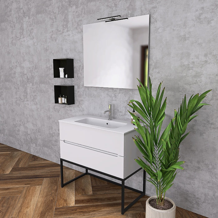 La composizione bagno Pandora 06 è composta da un mobile sospeso della lunghezza di 90cm, un top con lavabo integrato in ceramica lucida, uno specchio rettangolare a filo lucido lungo  120 cm con lampada superiore e 1 capiente pensile a vista sospesi, dell' altezza complessiva di 75cm.
