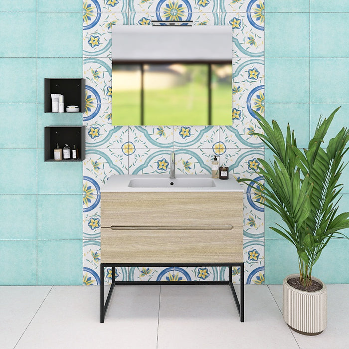 La composizione bagno Pandora 06 è composta da un mobile sospeso della lunghezza di 90cm, un top con lavabo integrato in ceramica lucida, uno specchio rettangolare a filo lucido lungo  120 cm con lampada superiore e 1 capiente pensile a vista sospesi, dell' altezza complessiva di 75cm.