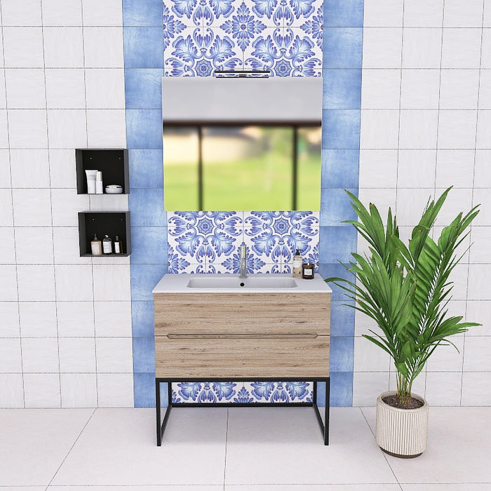 La composizione bagno Pandora 06 è composta da un mobile sospeso della lunghezza di 90cm, un top con lavabo integrato in ceramica lucida, uno specchio rettangolare a filo lucido lungo  120 cm con lampada superiore e 1 capiente pensile a vista sospesi, dell' altezza complessiva di 75cm.