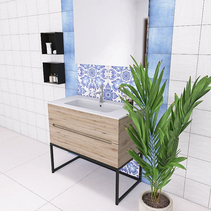 La composizione bagno Pandora 06 è composta da un mobile sospeso della lunghezza di 90cm, un top con lavabo integrato in ceramica lucida, uno specchio rettangolare a filo lucido lungo  120 cm con lampada superiore e 1 capiente pensile a vista sospesi, dell' altezza complessiva di 75cm.