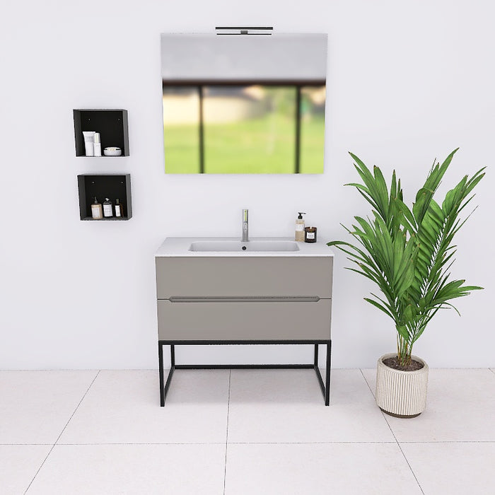 La composizione bagno Pandora 06 è composta da un mobile sospeso della lunghezza di 90cm, un top con lavabo integrato in ceramica lucida, uno specchio rettangolare a filo lucido lungo  120 cm con lampada superiore e 1 capiente pensile a vista sospesi, dell' altezza complessiva di 75cm.