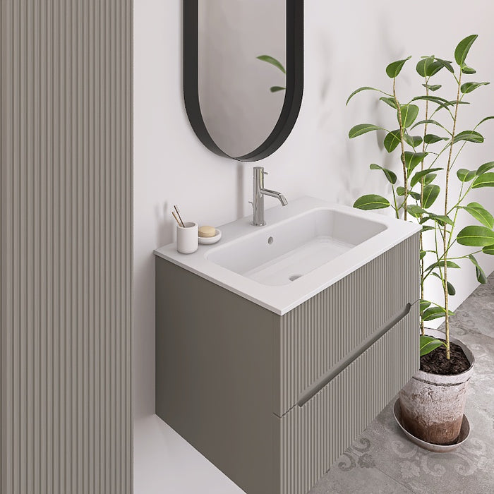 La composizione comprende una base sospesa di piccole dimensioni. La consolle con lavabo integrato in mineralmarmo si abbina a tutte le finiture. Disponibile nelle finiture: Tortora Opaco, Bianco opaco, Verde opaco, rovere e noce.
