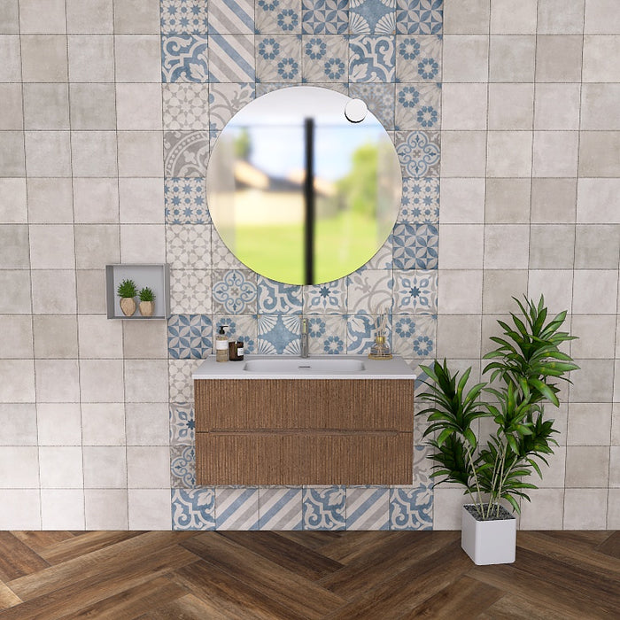 La composizione comprende una base sospesa di piccole dimensioni. La consolle con lavabo integrato in mineralmarmo si abbina a tutte le finiture. Specchio circolare slanciato . Disponibile nelle finiture: Tortora Opaco, Bianco opaco, Verde opaco, rovere e noce.