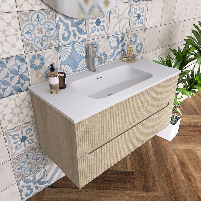 La composizione comprende una base sospesa di piccole dimensioni. La consolle con lavabo integrato in mineralmarmo si abbina a tutte le finiture. Specchio circolare slanciato . Disponibile nelle finiture: Tortora Opaco, Bianco opaco, Verde opaco, rovere e noce.