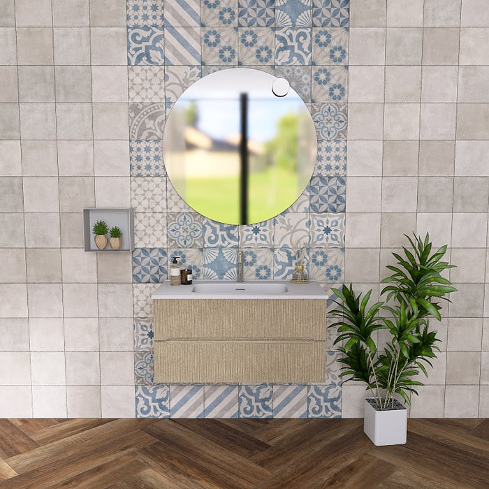 La composizione comprende una base sospesa di piccole dimensioni. La consolle con lavabo integrato in mineralmarmo si abbina a tutte le finiture. Specchio circolare slanciato . Disponibile nelle finiture: Tortora Opaco, Bianco opaco, Verde opaco, rovere e noce.