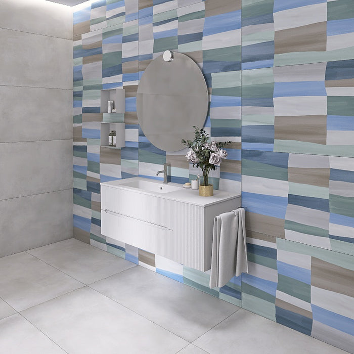 La composizione comprende una base sospesa di medie dimensioni. La consolle con lavabo integrato in mineralmarmo si abbina a tutte le finiture. Specchio circolare . Disponibile nelle finiture: Tortora Opaco, Bianco opaco, Verde opaco, rovere e noce.