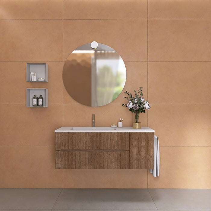 La composizione comprende una base sospesa di medie dimensioni. La consolle con lavabo integrato in mineralmarmo si abbina a tutte le finiture. Specchio circolare . Disponibile nelle finiture: Tortora Opaco, Bianco opaco, Verde opaco, rovere e noce.