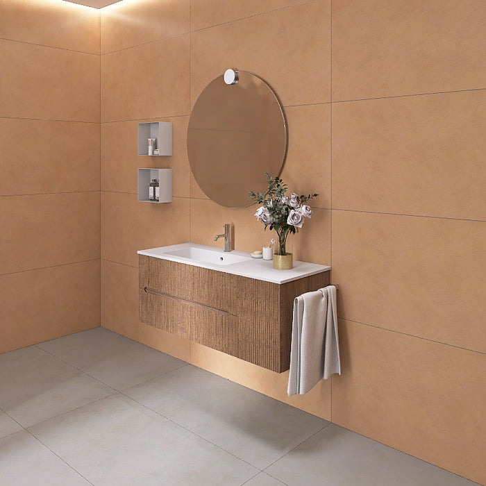 La composizione comprende una base sospesa di medie dimensioni. La consolle con lavabo integrato in mineralmarmo si abbina a tutte le finiture. Specchio circolare . Disponibile nelle finiture: Tortora Opaco, Bianco opaco, Verde opaco, rovere e noce.