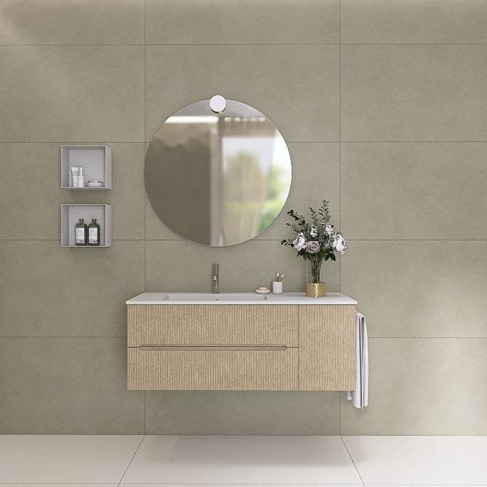 La composizione comprende una base sospesa di medie dimensioni. La consolle con lavabo integrato in mineralmarmo si abbina a tutte le finiture. Specchio circolare . Disponibile nelle finiture: Tortora Opaco, Bianco opaco, Verde opaco, rovere e noce.
