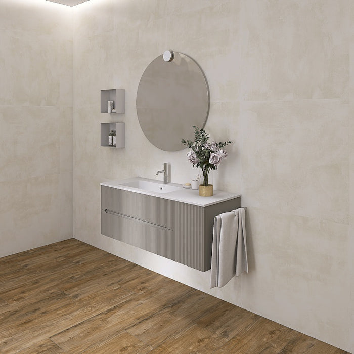 La composizione comprende una base sospesa di medie dimensioni. La consolle con lavabo integrato in mineralmarmo si abbina a tutte le finiture. Specchio circolare . Disponibile nelle finiture: Tortora Opaco, Bianco opaco, Verde opaco, rovere e noce.