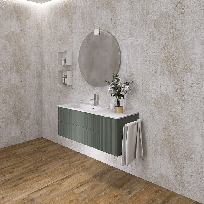 La composizione comprende una base sospesa di medie dimensioni. La consolle con lavabo integrato in mineralmarmo si abbina a tutte le finiture. Specchio circolare . Disponibile nelle finiture: Tortora Opaco, Bianco opaco, Verde opaco, rovere e noce.