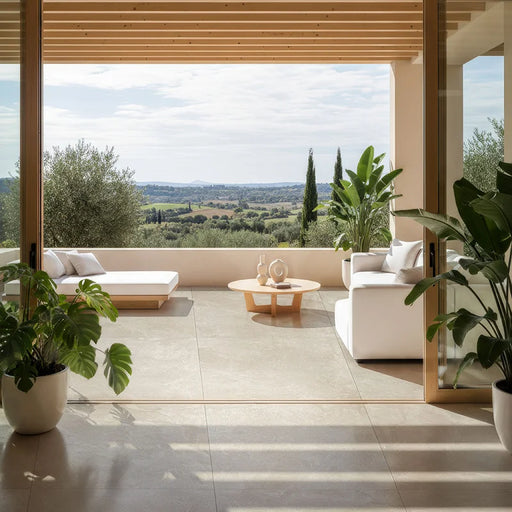 Terrazzo moderno con divano e sdraio, pavimento esterno Elea Beige grip R11 di Idea Ceramica in gres porcellanato effetto pietra e cemento 90x90 cm 