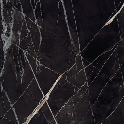 Dettaglio piastrella in gres porcellanato effetto marmo lucido della collezione Elegance di Ceramica Settecento, formato 120x120 cm, colore Black