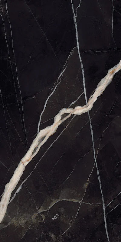 Dettaglio piastrella in gres porcellanato effetto marmo opaco della collezione Elegance di Ceramica Settecento, formato 60x120 cm, colore Black