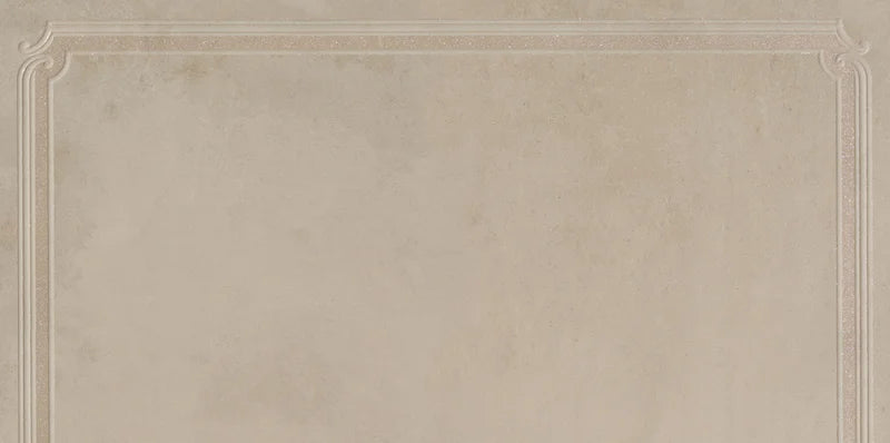 Dettaglio piastrella in gres porcellanato effetto boiserie tono su tono della Collezione Evoque di Ceramica Settecento, Decoro Boiserie Sabbia Angolare 60x120