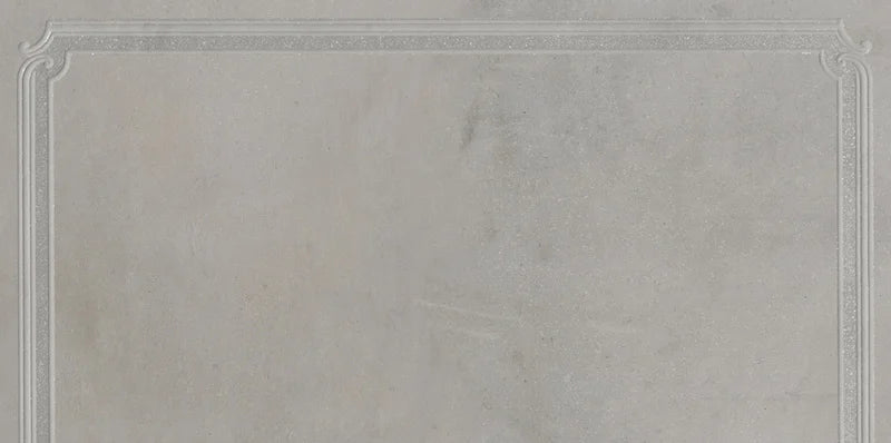 Dettaglio piastrella in gres porcellanato effetto boiserie tono su tono della Collezione Evoque di Ceramica Settecento, Decoro Boiserie Titanio Angolare 60x120