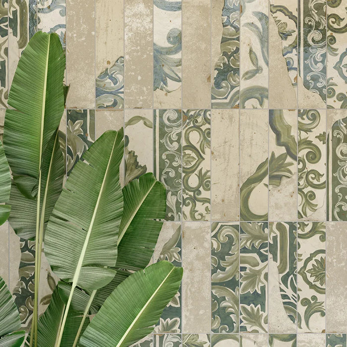 Dettaglio muro rivestimento in gres porcellanato serie Miniature Fregio di Marca Corona, effetto mattoncino maiolicato, formato 6x24, Colore Verde Maiolica