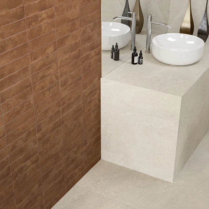 Dettaglio Piastrella da rivestimento in gres porcellanato serie Miniature Fuoco di Marca Corona, effetto mattoncino e metallo ossidato, formato 6x24 cm, Colore Corten Bruciato