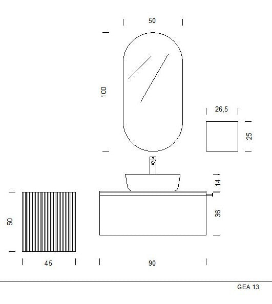 scheda tecnica composizione gea 13 di belbagno con base cipria sospesa e cassettone portaoggetti cannettato