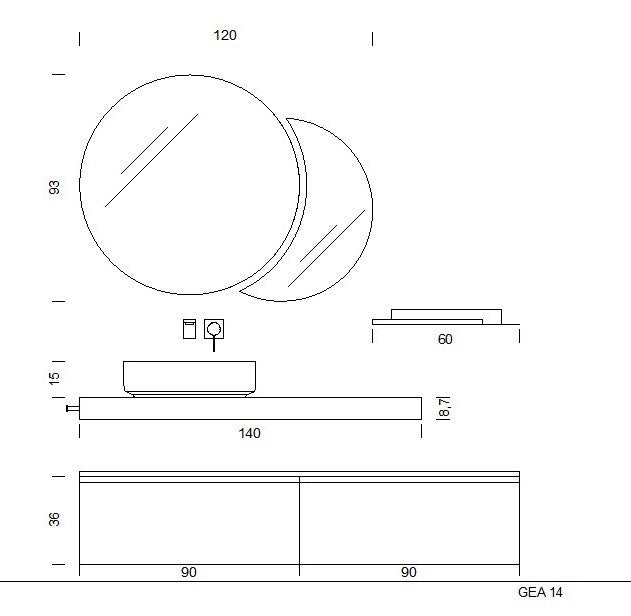 scheda tecnica composizione gea 14 di belbagno, mobile sospeso laccato con top scatolare effetto ossidato