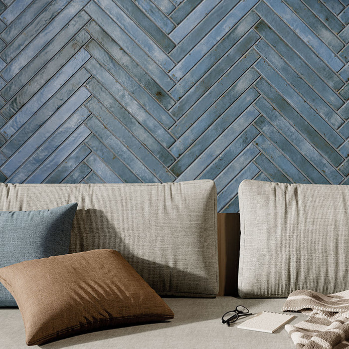 Dettaglio rivestimento in gres porcellanato effetto mattoncino opaco 4.8x45 cm della collezione Graffiti, colore Blue di Ceramica Rondine