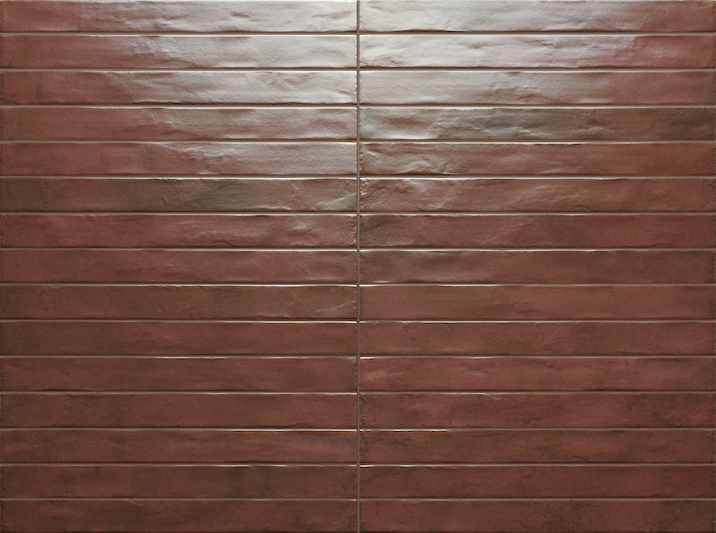 Dettaglio posato piastrella per pavimento e rivestimento in gres porcellanato effetto mattoncino opaco 4.8x45 cm della collezione Graffiti, colore Red di Ceramica Rondine