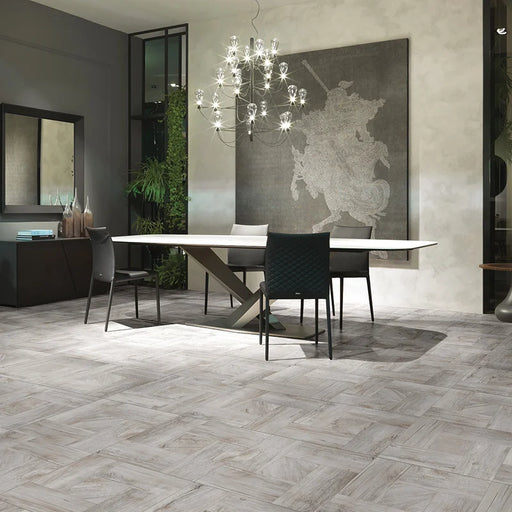 Soggiorno moderno con pavimento gres porcellanato effetto Legno rustico a cassettoni, collezione Gallery di Settecento Ceramica, colore Aspen, Formato 48x48 cm