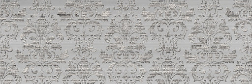 dettaglio piastrella da rivestimento opaca con riflessi lucidi effetto CARTA DA PARATI CON DECORO Damascato della collezione Glow di Paul & Co Ceramiche, formato 33x100, colore Empire Grey