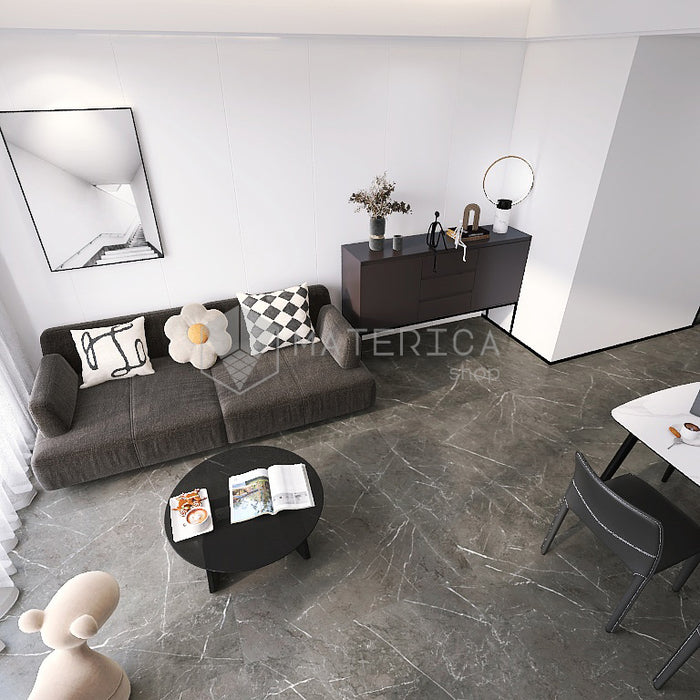 Salotto moderno minimal con pavimento in gres porcellanato effetto marmo opaco, della collezione La Marmoteca di Gardenia Orchidea, formato 120x120 NAT. PTECH, colore Grey Stone