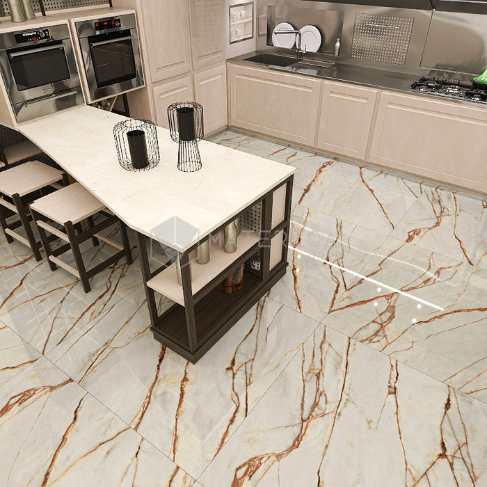 Cucina con pavimento dal design sofisticato ed elegante in gres porcellanato effetto marmo lucido 3D leggermente strutturato, ideale per ambienti moderni e raffinati. Collezione La Marmoteca di Gardenia Orchidea, formato 120x120 cm, colore Grey Wonder