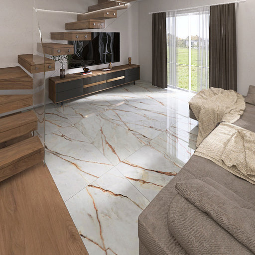 Salotto moderno con pavimento dal design sofisticato ed elegante in gres porcellanato effetto marmo lucido 3D leggermente strutturato, ideale per ambienti moderni e raffinati. Collezione La Marmoteca di Gardenia Orchidea, formato 60x120 cm, colore Grey Wonder