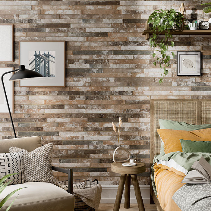 Camera da letto con rivestimento in gres porcellanato effetto mattoncino opaco 4.8x45 cm della collezione Harlem, colore Multicolor di Ceramica Rondine