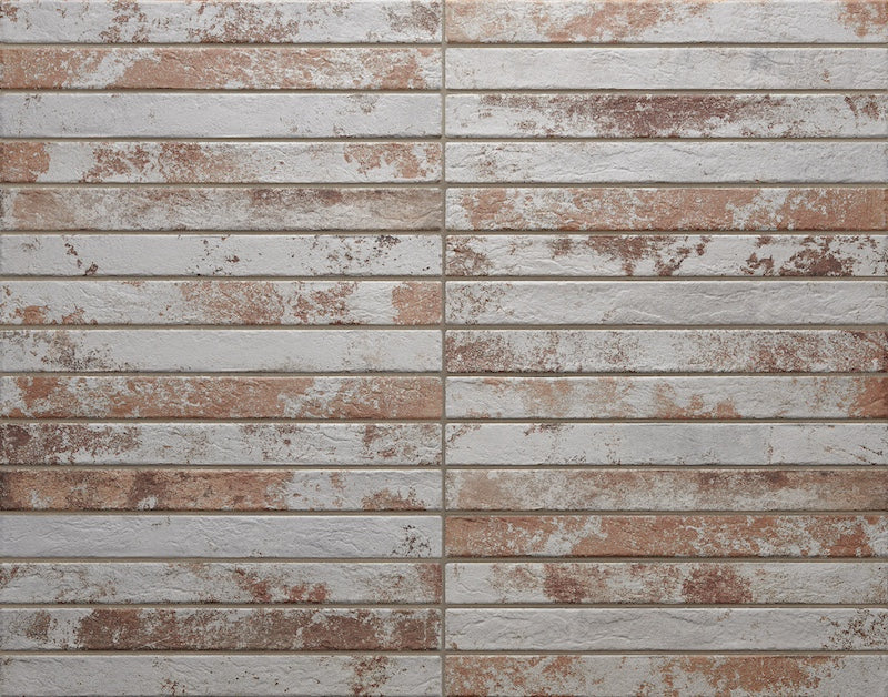 Dettaglio posato piastrella per pavimento e rivestimento in gres porcellanato effetto mattoncino opaco 4.8x45 cm della collezione Harlem, colore Red White di Ceramica Rondine