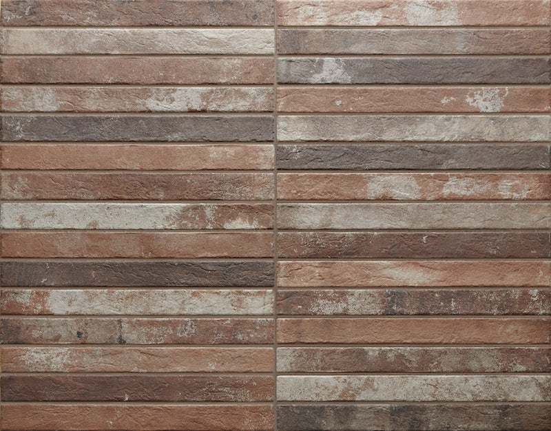 Dettaglio posato piastrella per pavimento e rivestimento in gres porcellanato effetto mattoncino opaco 4.8x45 cm della collezione Harlem, colore Red di Ceramica Rondine