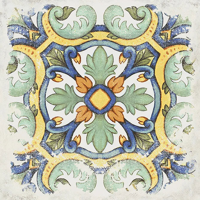 Cementine Decoro Vietri multicolor 2 serie Cotti d'Italia di Herberia Ceramiche. Piastrella effetto vintage in gres porcellanato per pavimenti e rivestimenti, formato 34x34 dal design retrò.