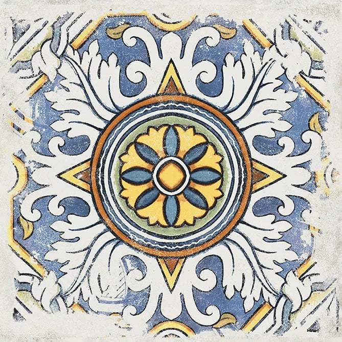 Piastrella effetto anticato Cotti d'Italia Herberia, Decoro Vietri 34x34. Gres porcellanato multicolor dal sapore vissuto per pavimenti e rivestimenti che richiamano il fascino del tempo.