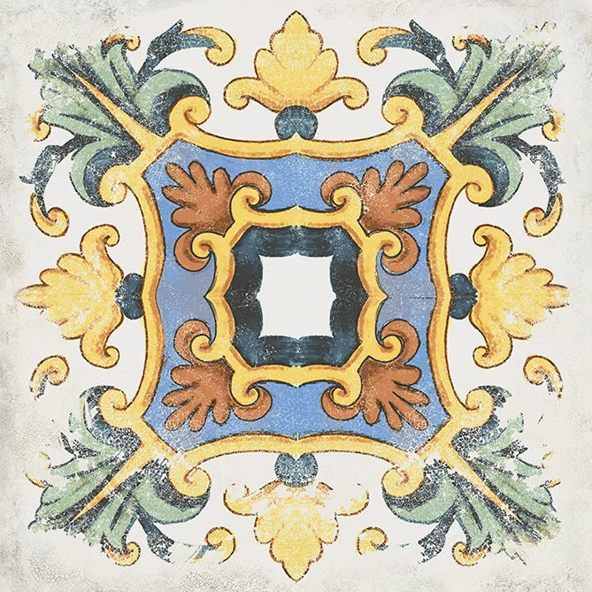 Gres porcellanato rustico serie Cotti d'Italia Herberia: Decoro Vietri 34x34 multicolor. Mattonelle ideali per ambienti country e casali, unendo estetica tradizionale e massima resistenza.