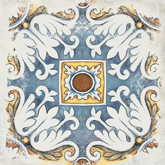 Design classico per la piastrella Decoro Vietri Cotti d'Italia Herberia 34x34. Elegante gres porcellanato multicolor che reinterpreta i decori storici per interni raffinati e senza tempo.