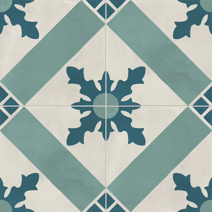 Dettaglio Piastrella da pavimento e rivestimento in gres porcellanato serie Terra.Art di Marca Corona, effetto cementine, formato 20x20 cm, Colore Cardinale Oceano Cielo