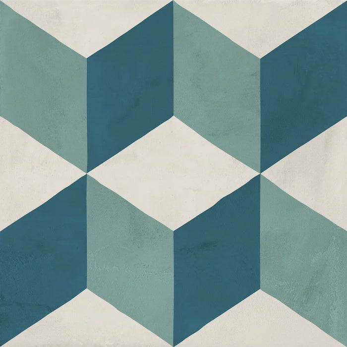 Dettaglio Piastrella da pavimento e rivestimento in gres porcellanato serie Terra.Art di Marca Corona, effetto cementine, formato 20x20 cm, Colore Cubo Oceano Cielo