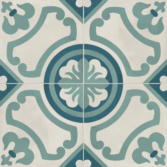 Dettaglio Piastrella da pavimento e rivestimento in gres porcellanato serie Terra.Art di Marca Corona, effetto cementine, formato 20x20 cm, Colore Giglio Oceano Cielo